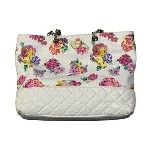 Betsey Johnson White Faux Straw/Quilted Vinyl Purse Bag Floral Print Chain Strap